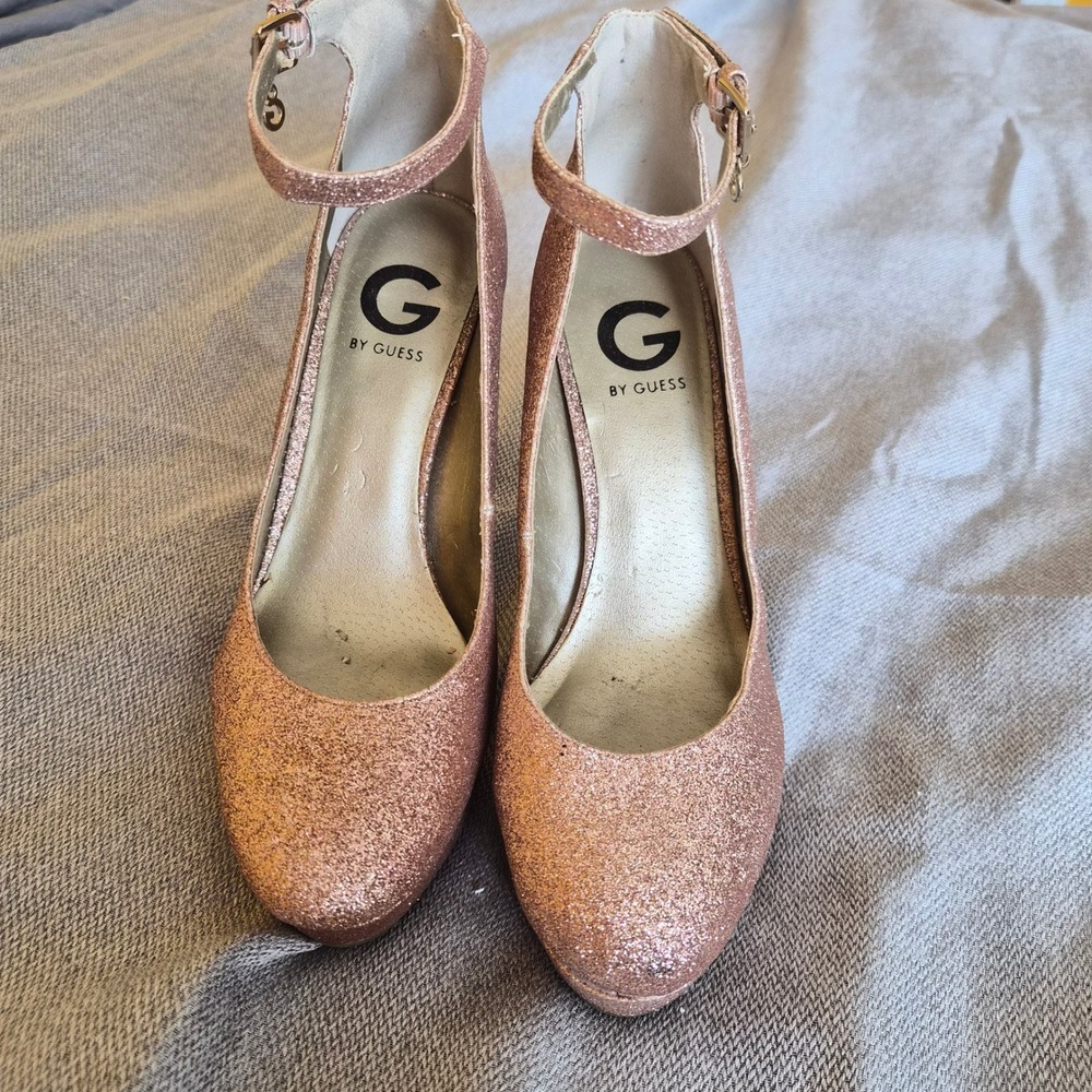 Guess Rose Gold Glitter Platform Pumps Ankle Straps Size 8 Womens Barbiecore